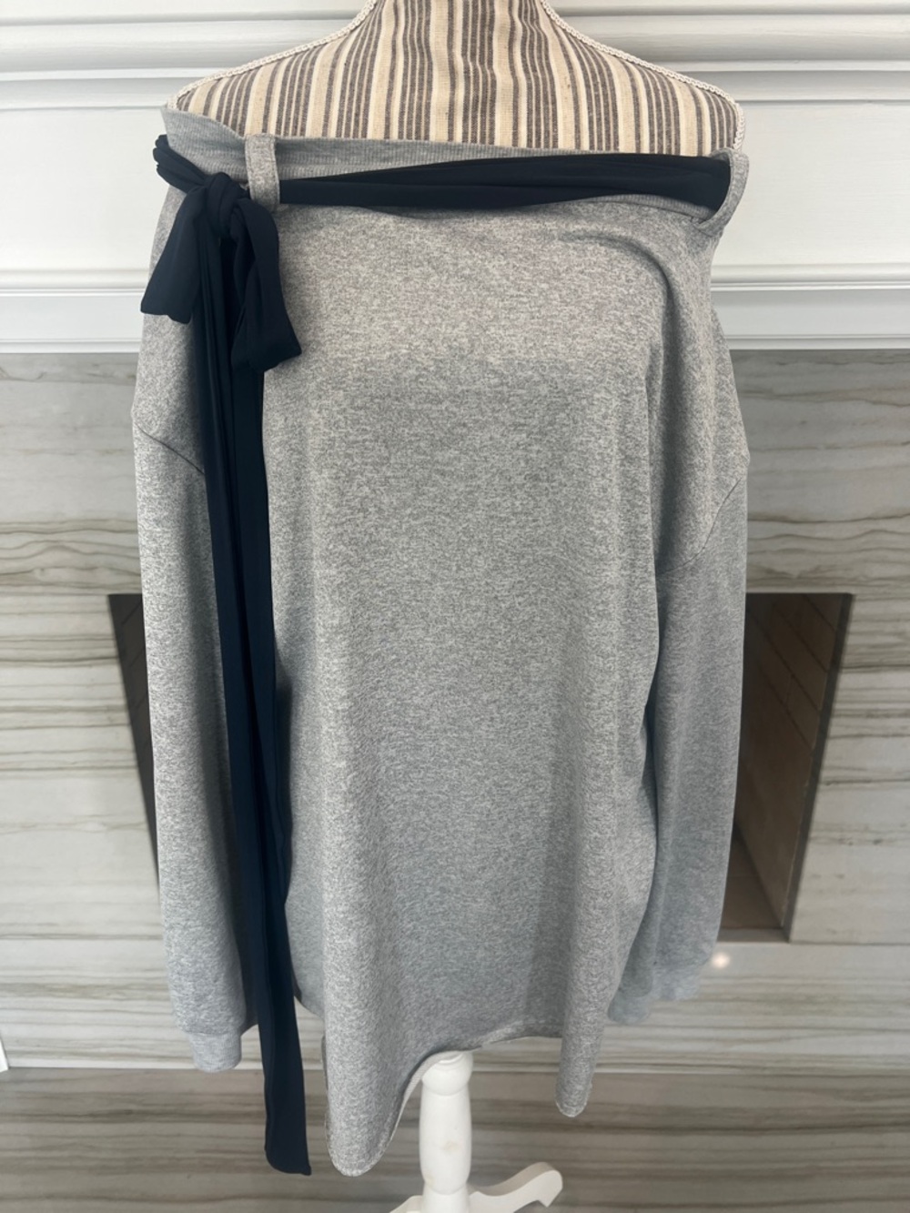 Off-Shoulder Gray Sweatshirt dress with dark blue Tie Detail. Never been worn
